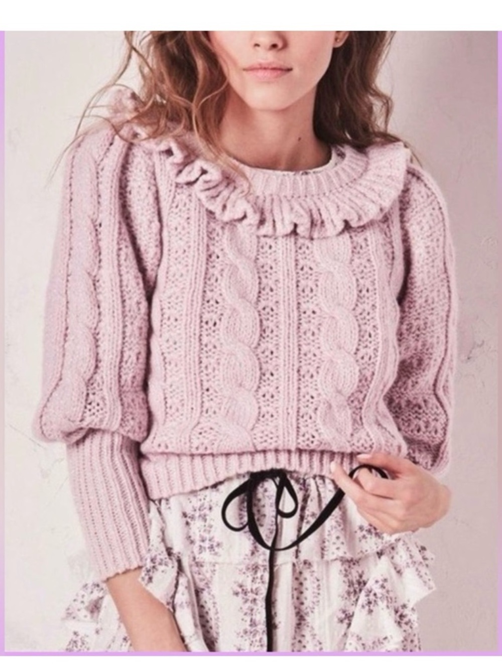 LoveShackFancy Pale Pink Ruffle Cable-Knit Sweater